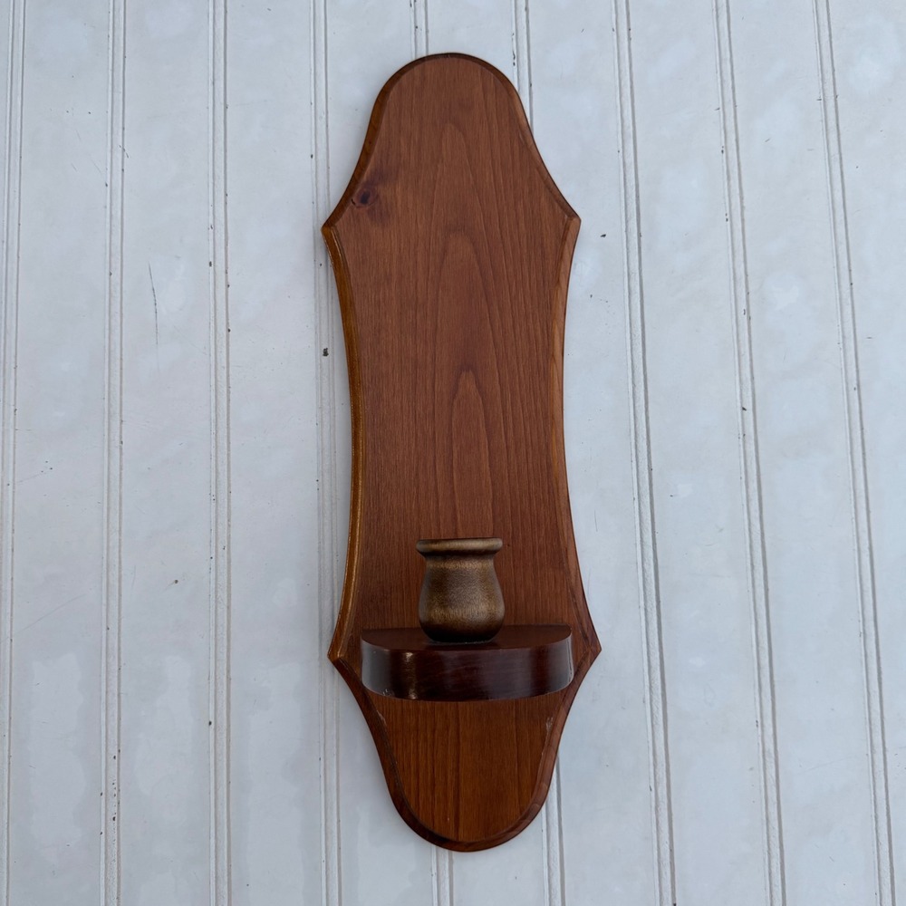 Vintage Wooden Wall Sconce Taper Candle Holder Shield Shape Rustic Farmhouse